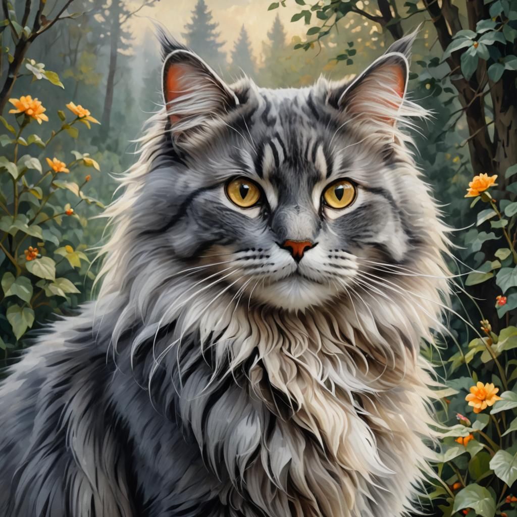 Grey Cat in Gouache Style, Impasto Painting
