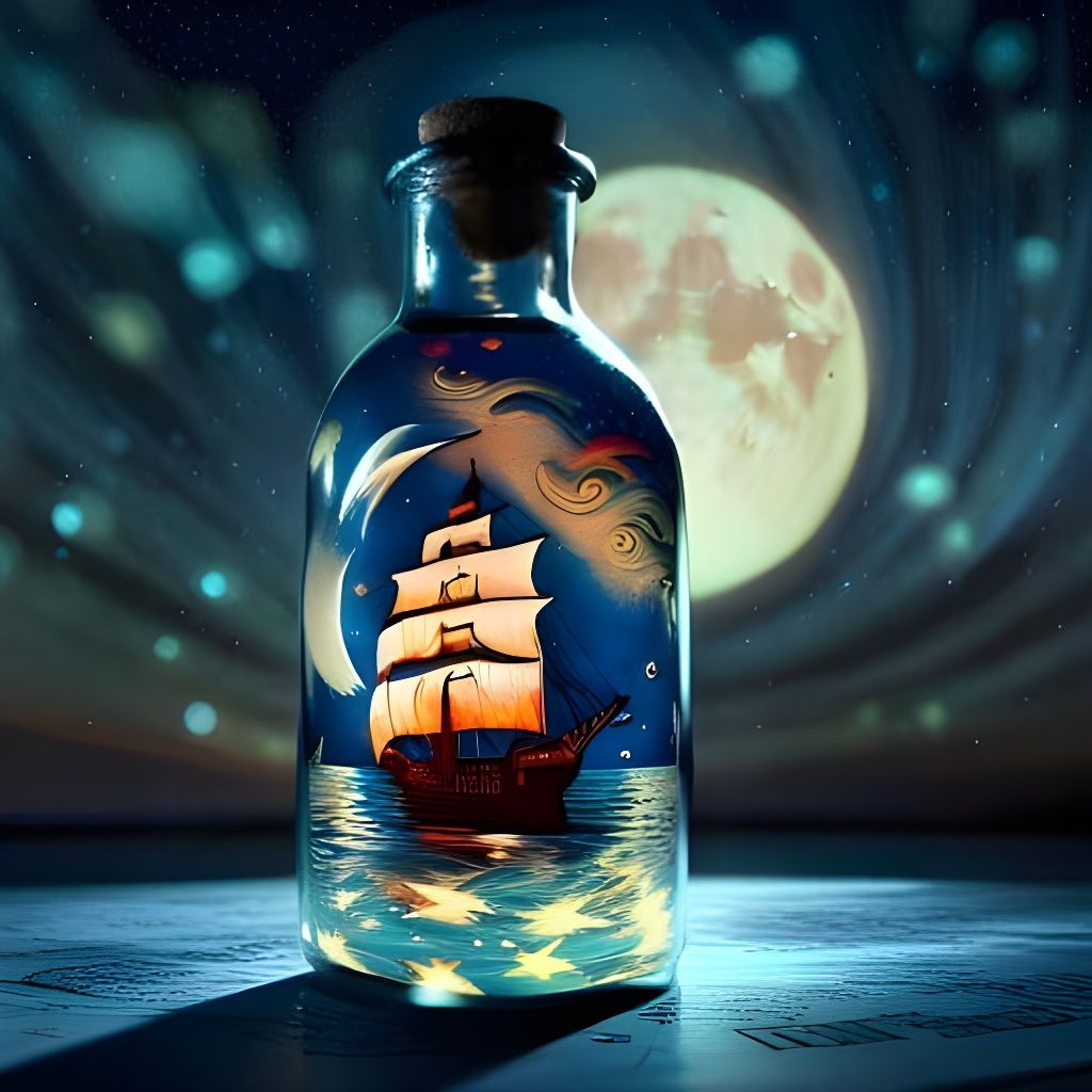 Glowing Pirate Ship in a Bottle Illustration