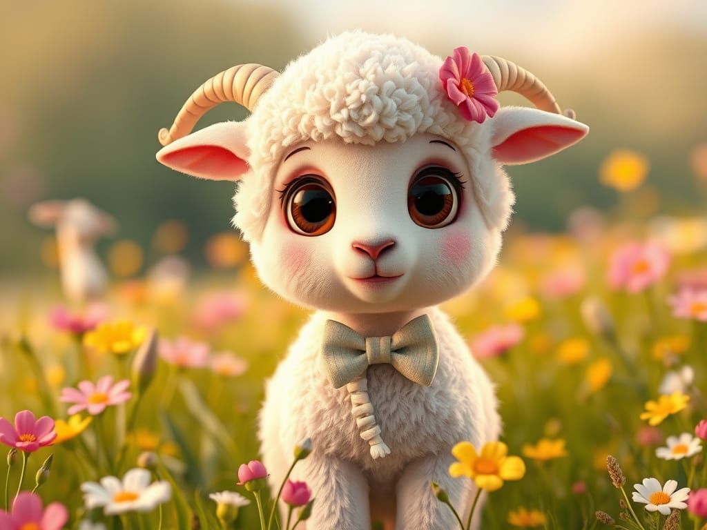 Cute Lamb with Bow Tie in Whimsical Meadow