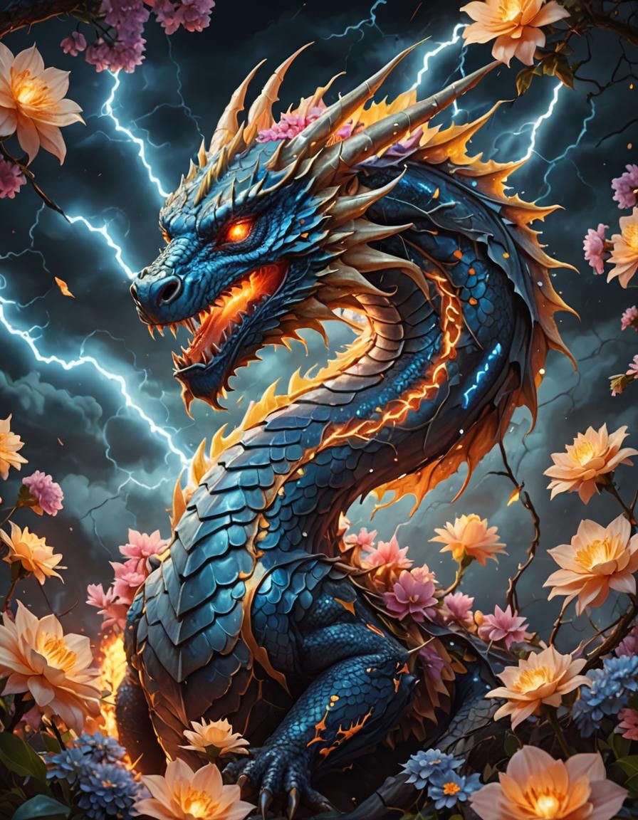 Dragon in Floral Lightning: Vibrant Digital Art