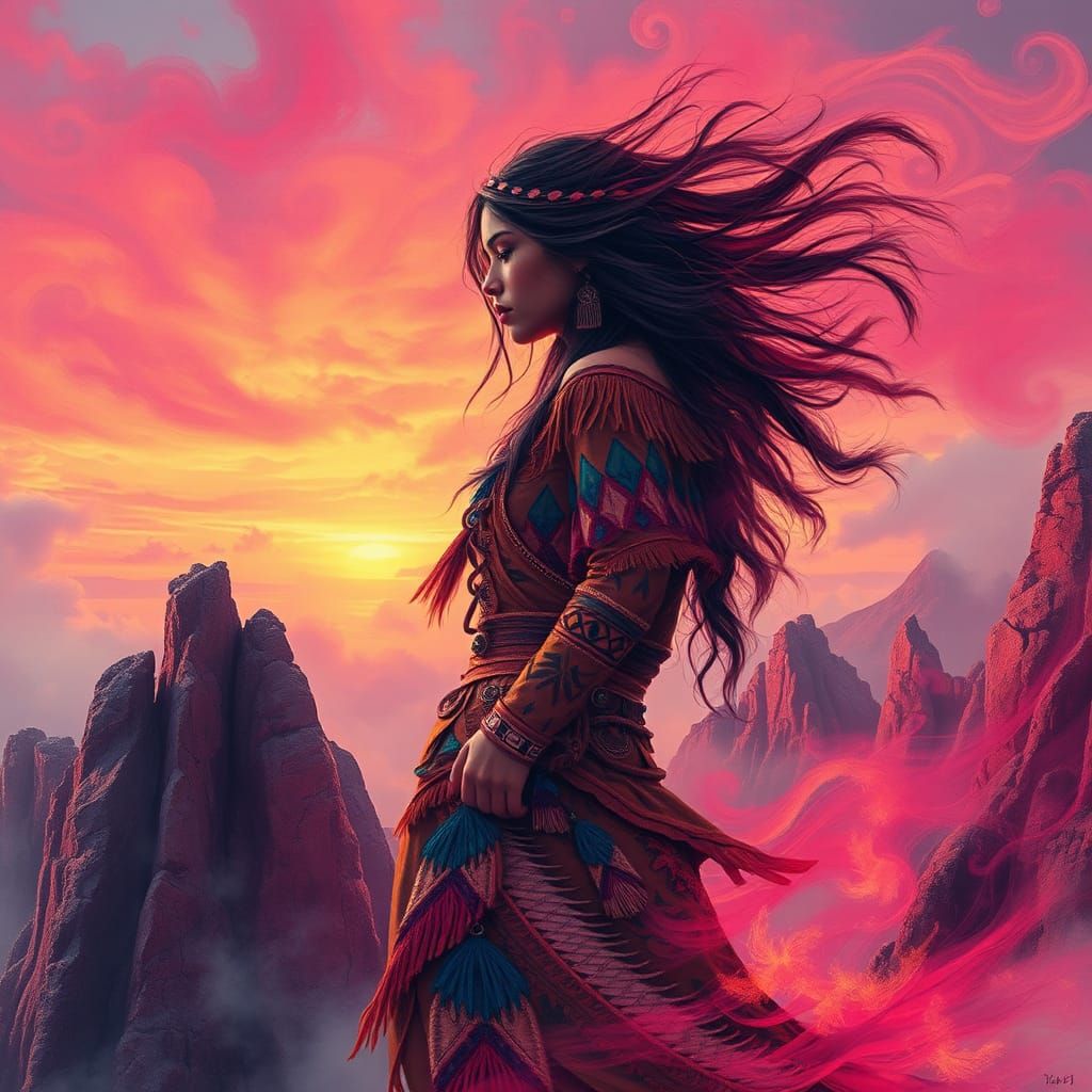 Ethereal Native American Woman in Surreal Landscape