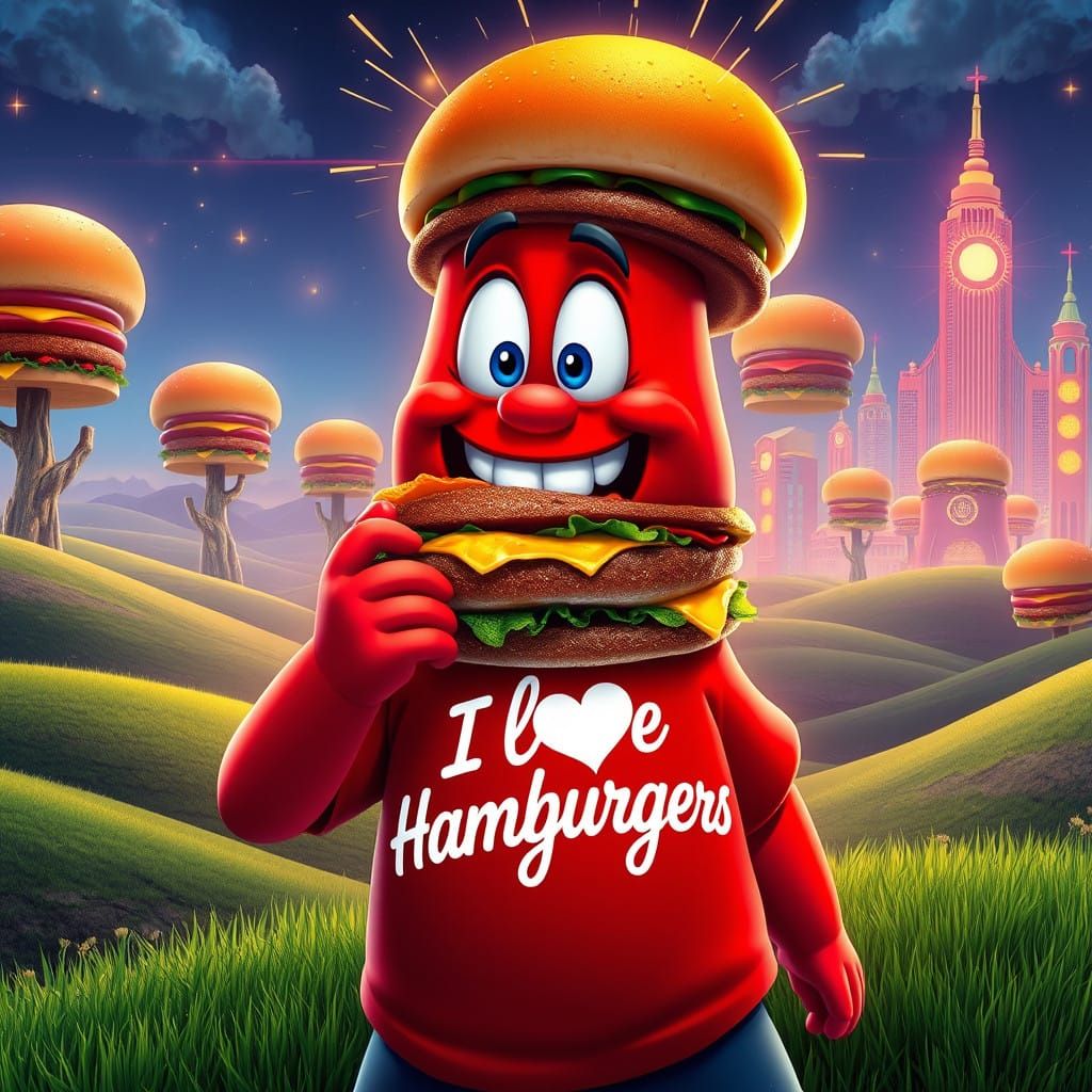 A Star's Hamburguer Heaven in Vibrant Dreamlike Landscape