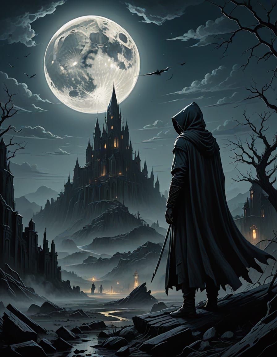 Haunting Dark Fantasy Scene Under Full Moonlight