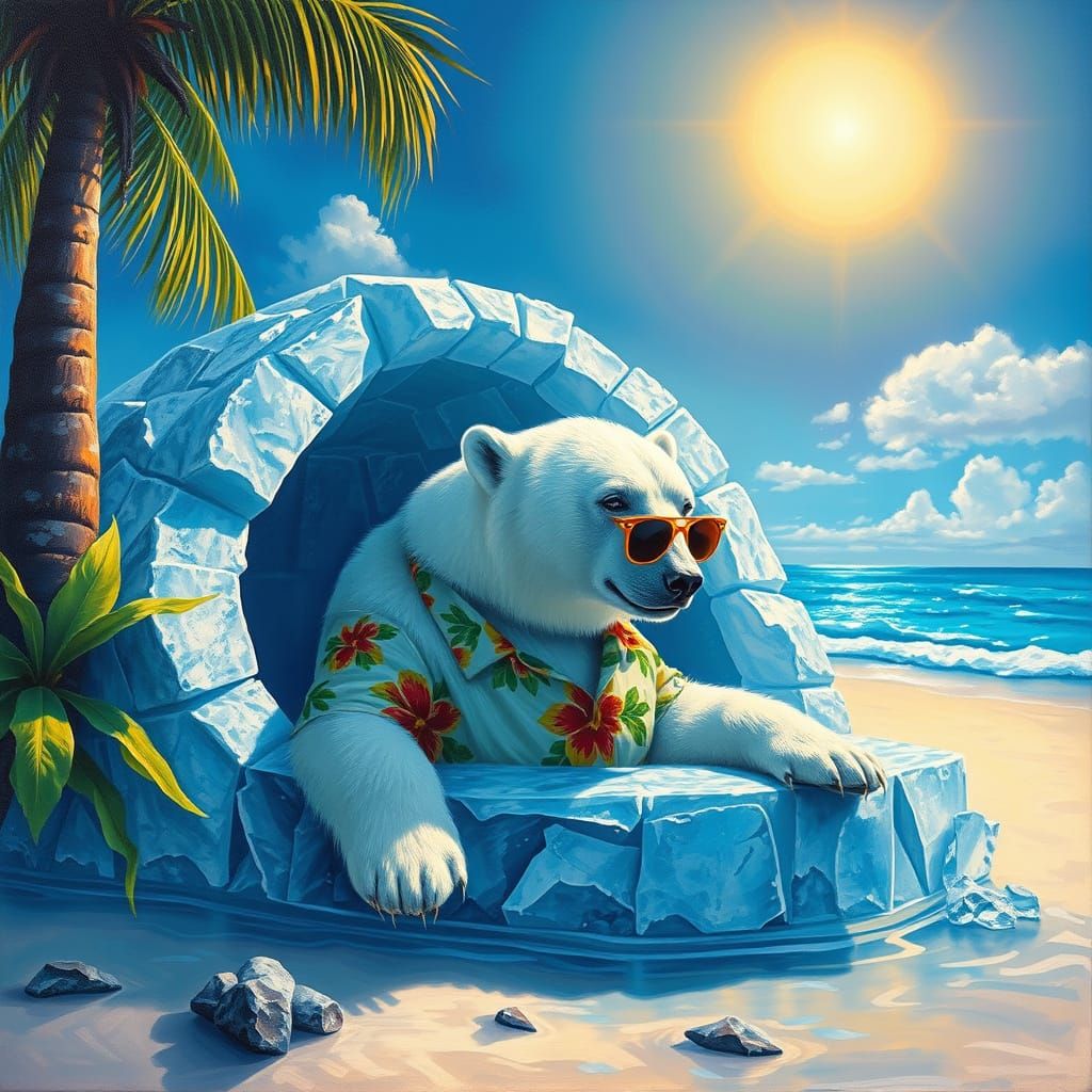 Polar Bear's Tropical Beach Icy Getaway: Oil Painting