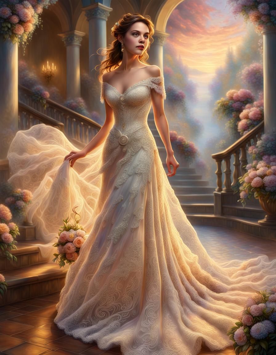 Woman in Intricate Wedding Dress with Ethereal Mist