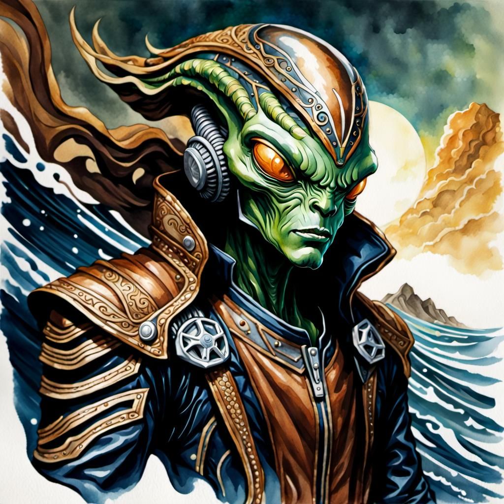 Alien Racer Portrait in Watercolor Sketch Style