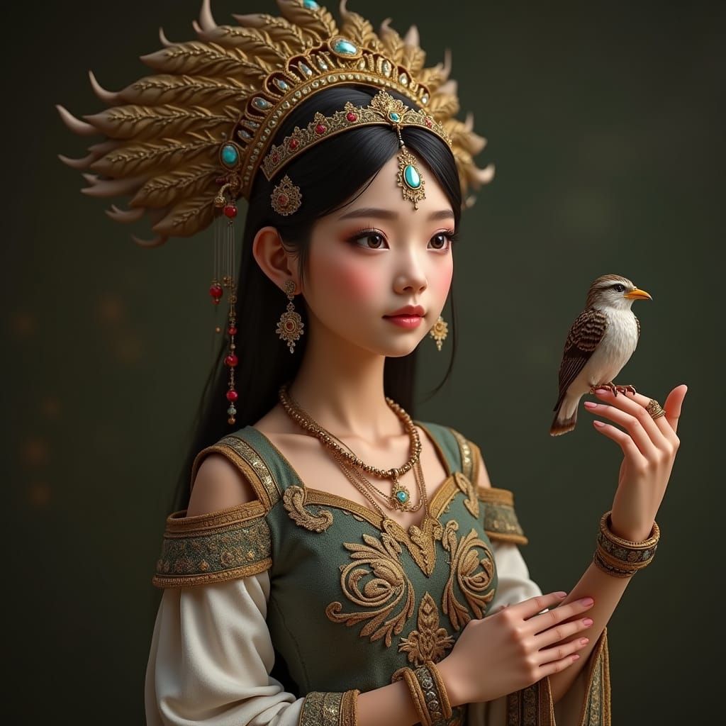 A young woman wearing an ancient-style dress with an elaborate golden headdress