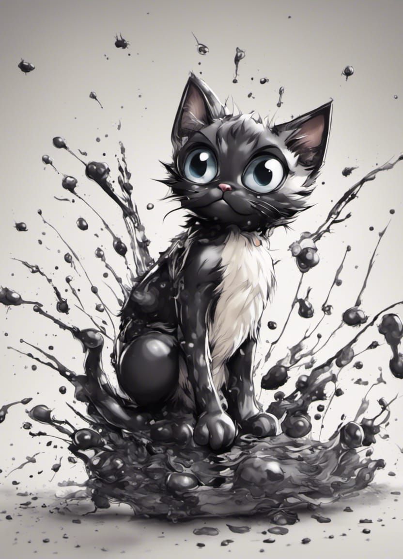 Chibi Cat vs Black Liquid Spiders in 3D