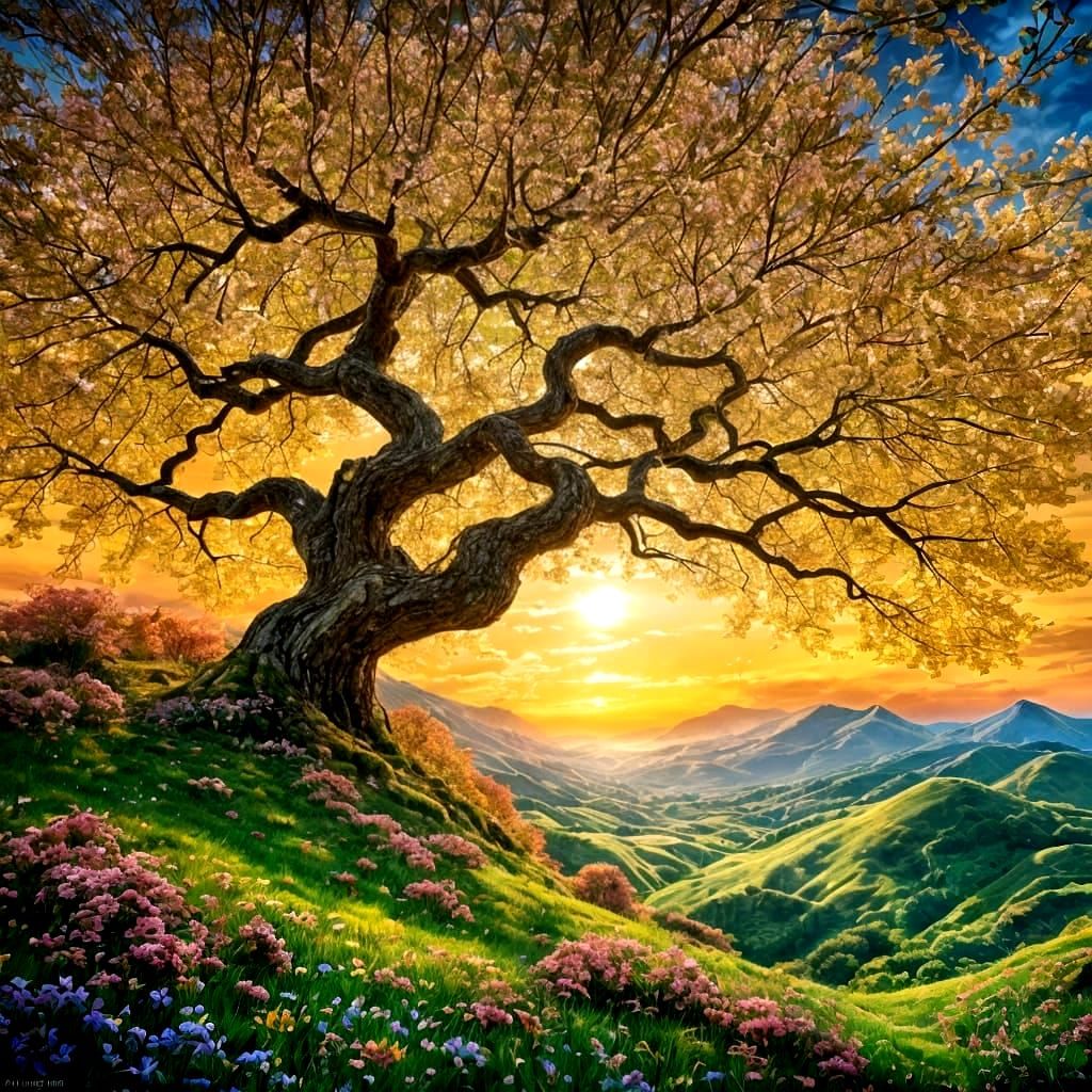 Ancient Cherry Tree Radiates Vibrant Spring Colors