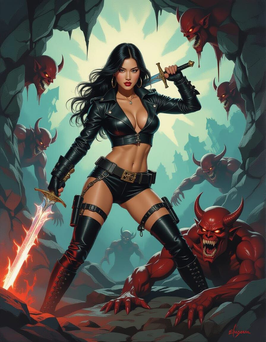 Huntress Battles Demons: Gil Elvgren-Inspired Oil Painting