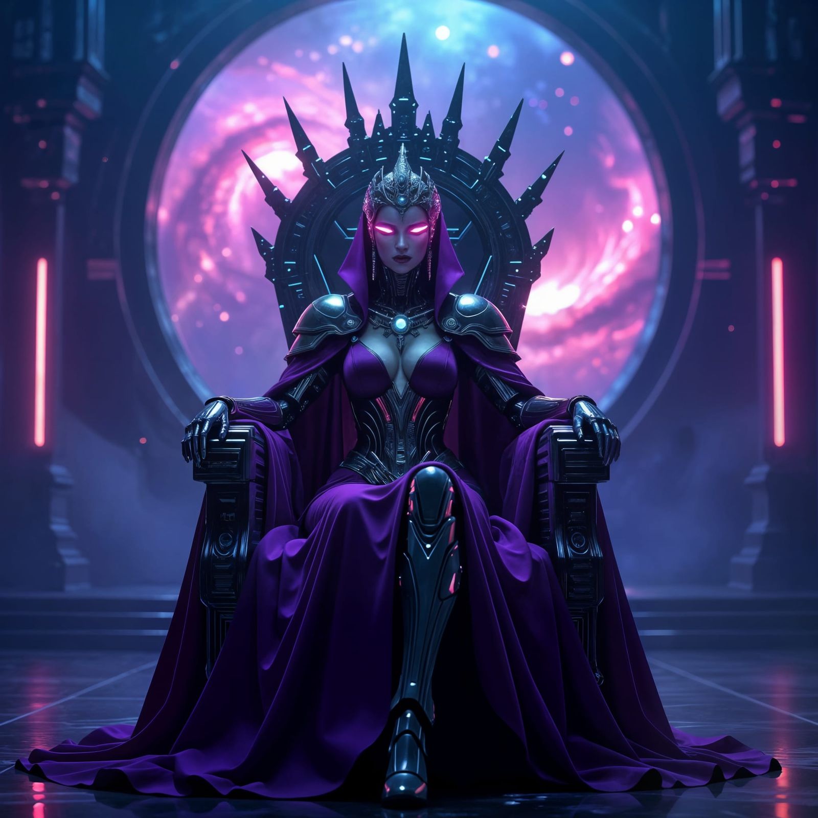 Cyborg Empress on Chrome Throne in Neon Noir Style