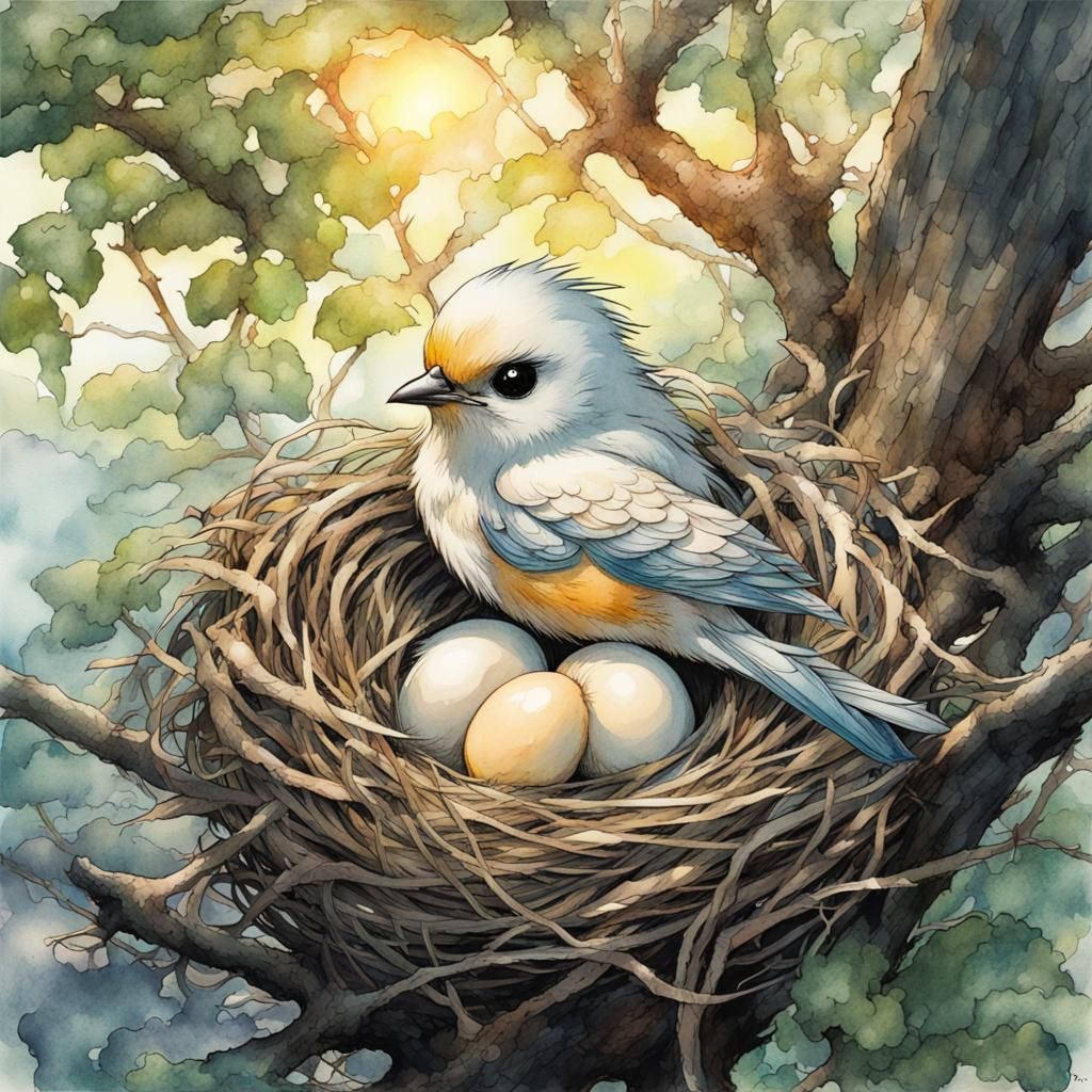 Birds Nest Watercolor Illustration at Dawn