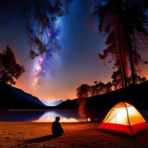 Campfire Camping Under the Stars in Hudson River School Styl...