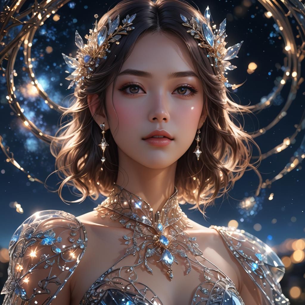 Close up portrait of a beautiful woman wearing an intricate transparent glass dress and glowing transparent glass jewelr...