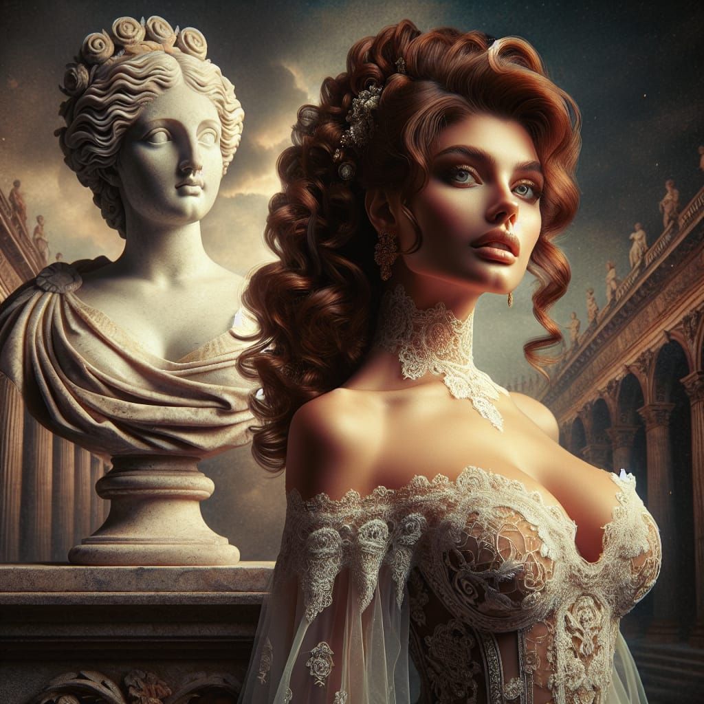 French Woman Beside Venus Statue: Digital Matte Painting