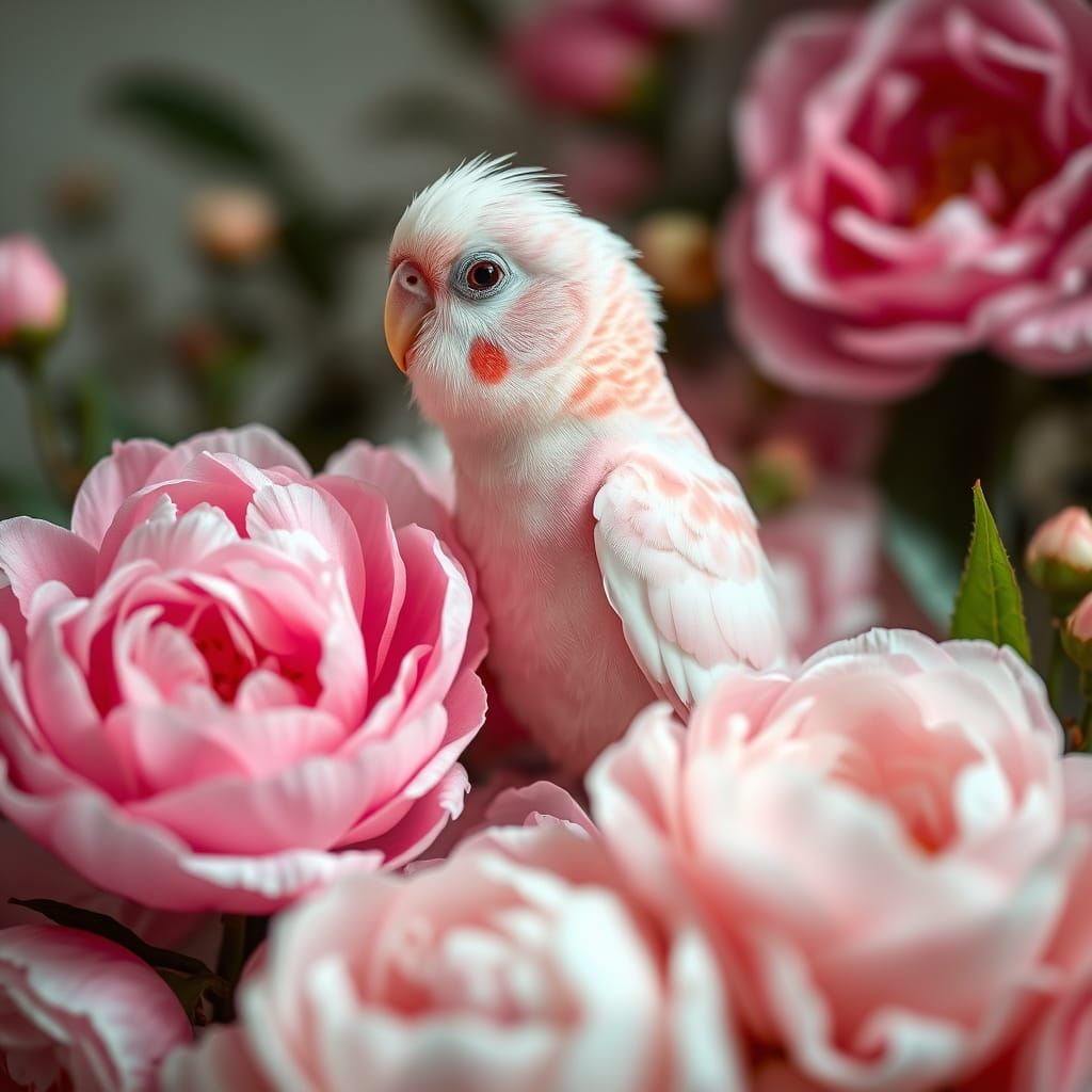 Pink Budgerigar on Peonies, Ultra Realistic Macro Photo