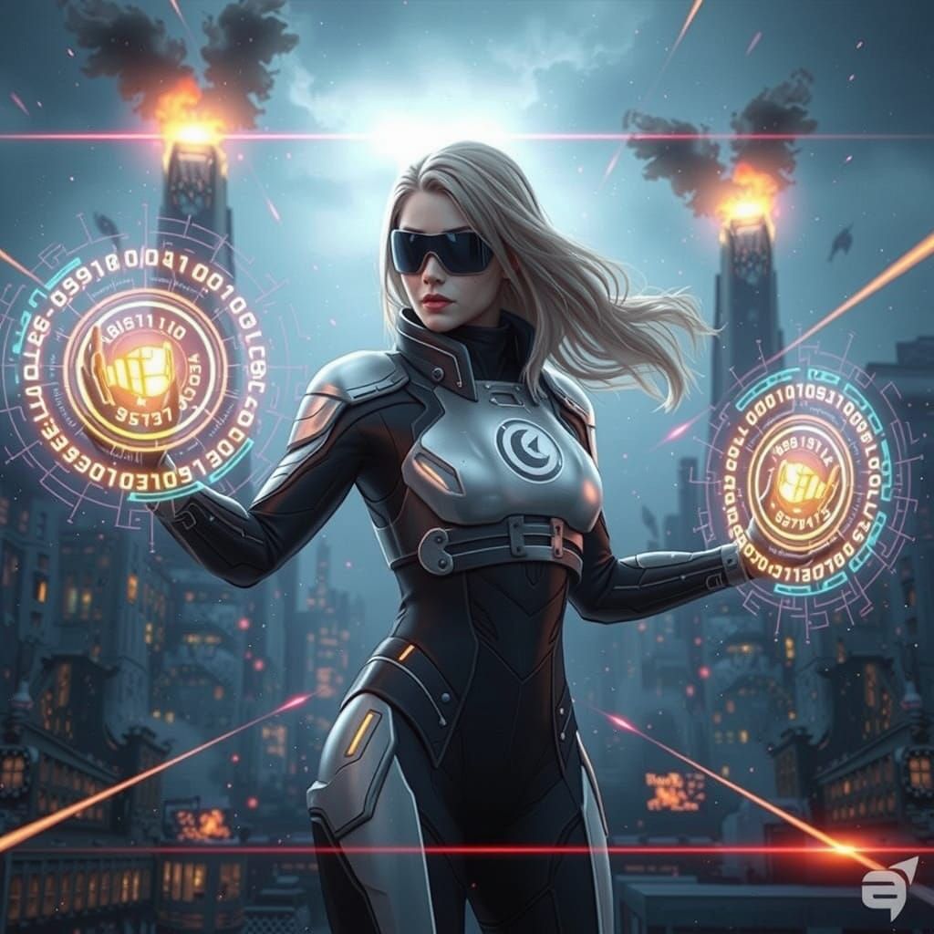 Digital Guardian Aeris in Cyberpunk Cityscape