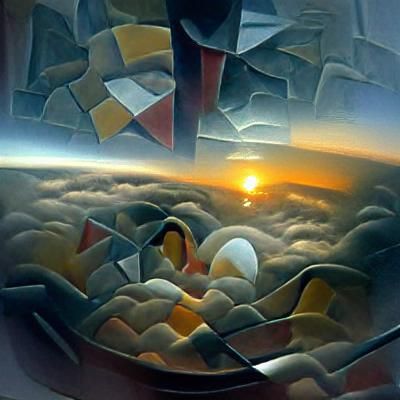 Sunrise Over Clouds in Abstract Cubist Oil Painting