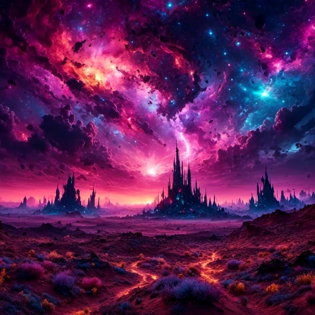 Cosmic Alien Sky over Night Desert