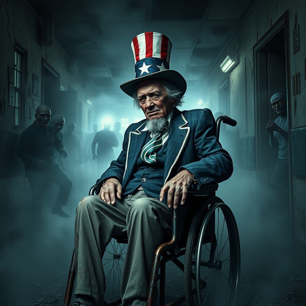 Weary Uncle Sam in Post-Apocalyptic Ruins