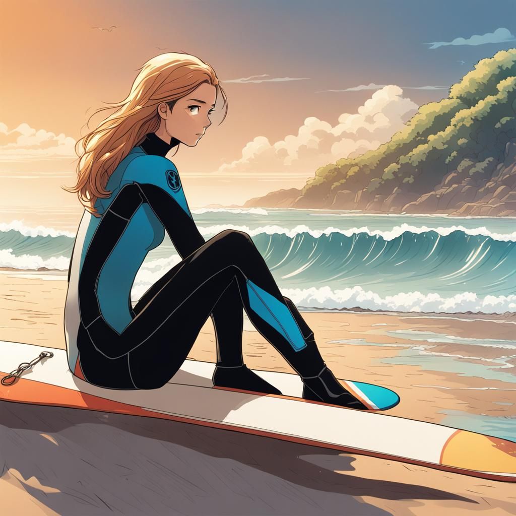 Female Surfer on Beach in Anime Style