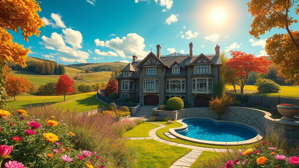 Victorian House Amidst Rolling Hills in Painterly Style