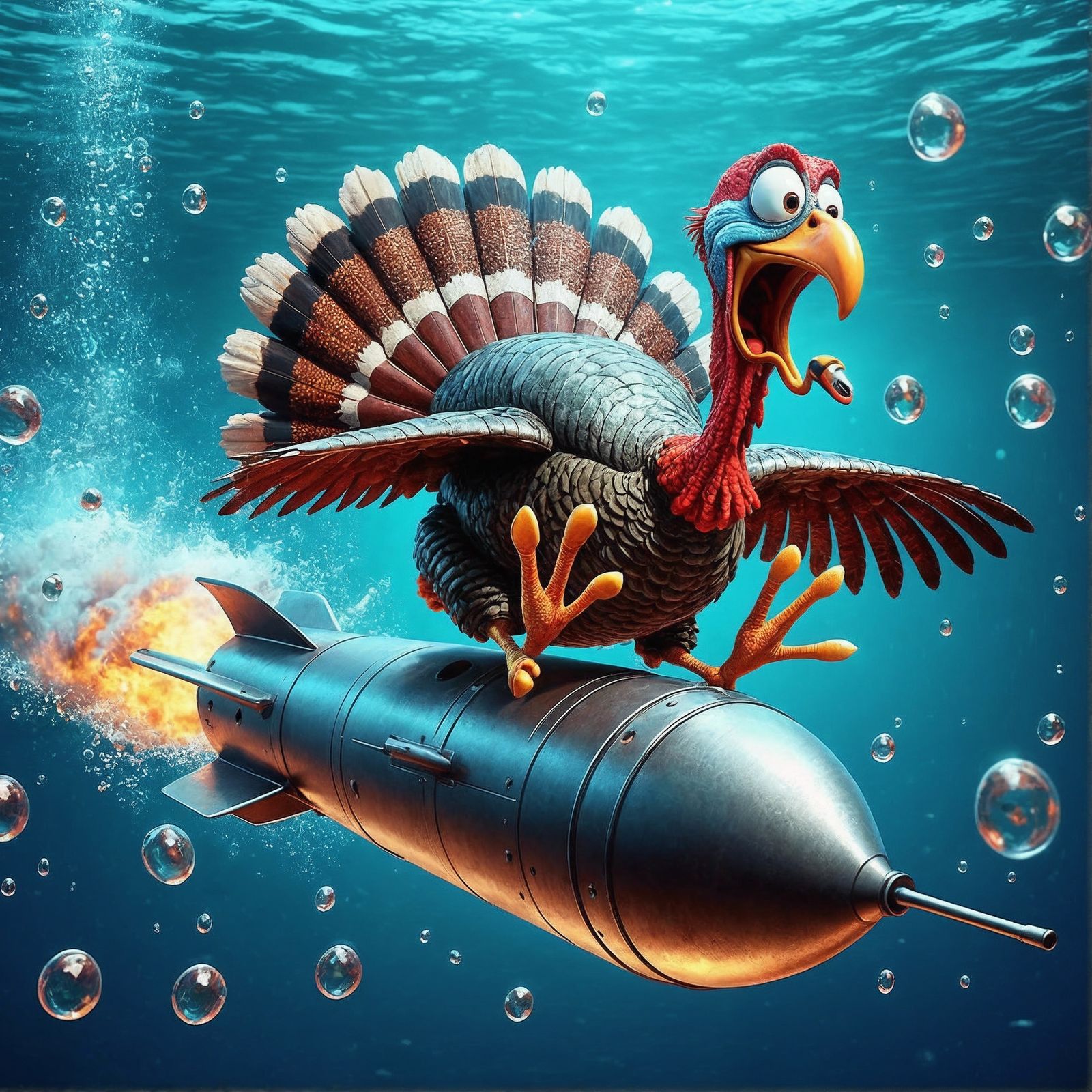Cartoon Turkey's Underwater Torpedo Ride in CGI Style