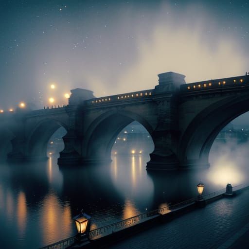 Mystical Prague Bridge at Night with Ghosts