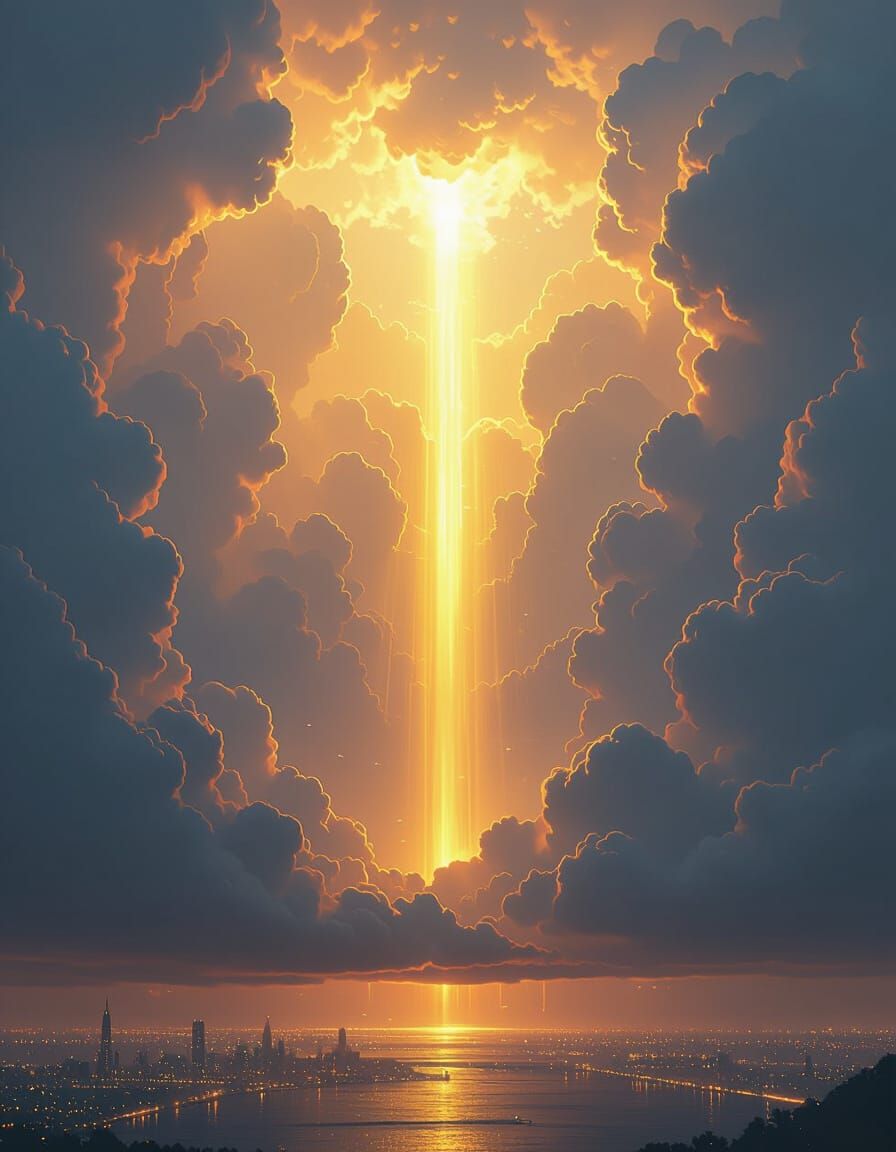 Golden Light Beam Pierces Storm Clouds