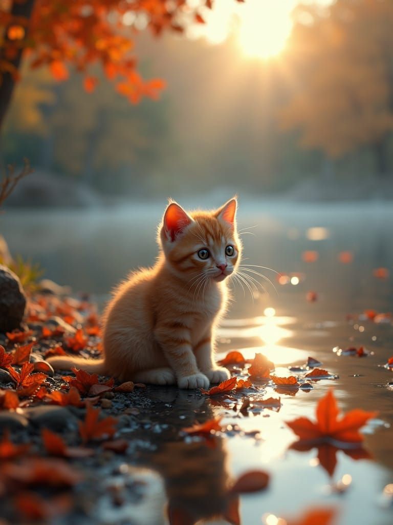 Whimsical Autumnal Kitten by a Mystical Lake
