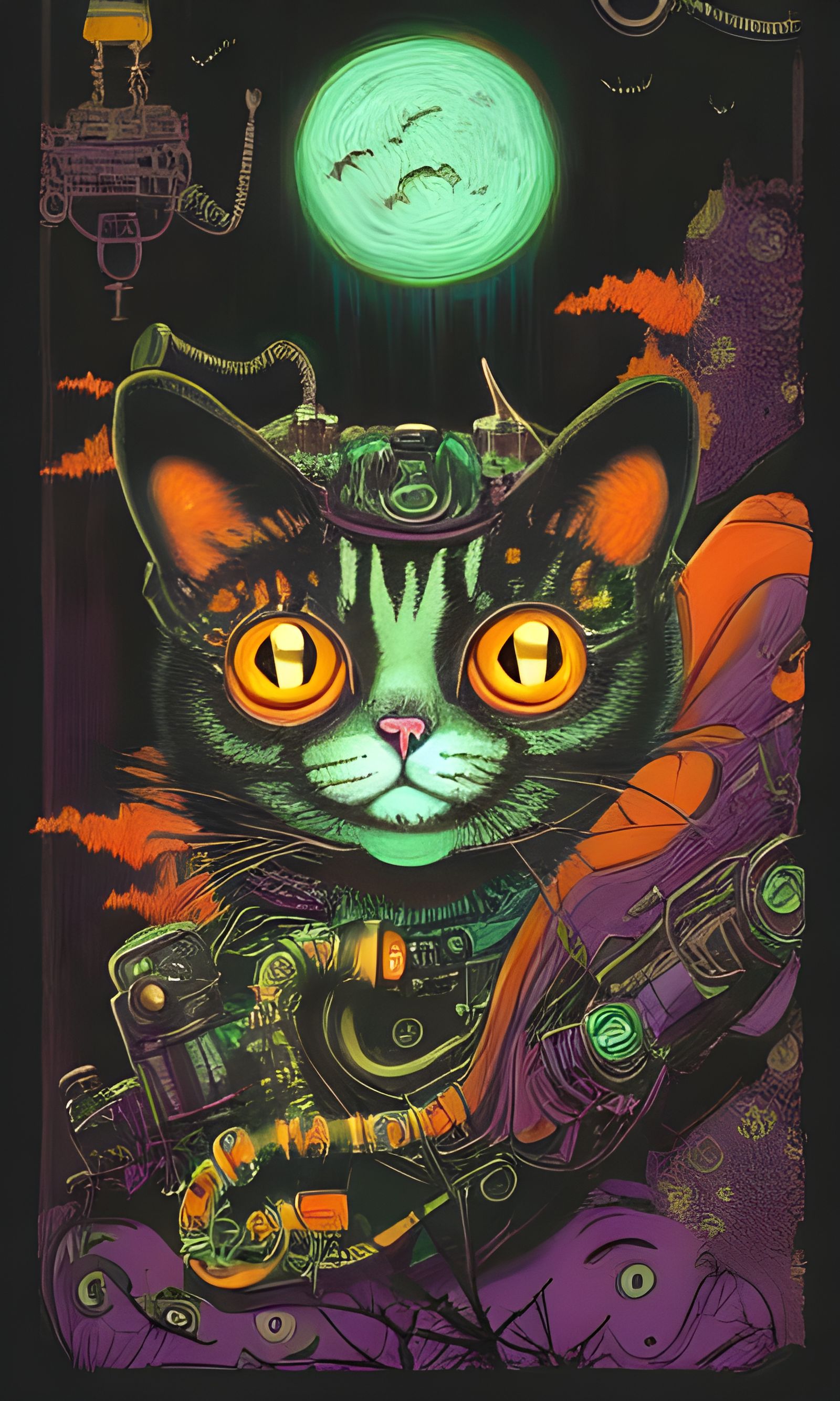Steampunk Halloween Cat in Lisa Frank Style