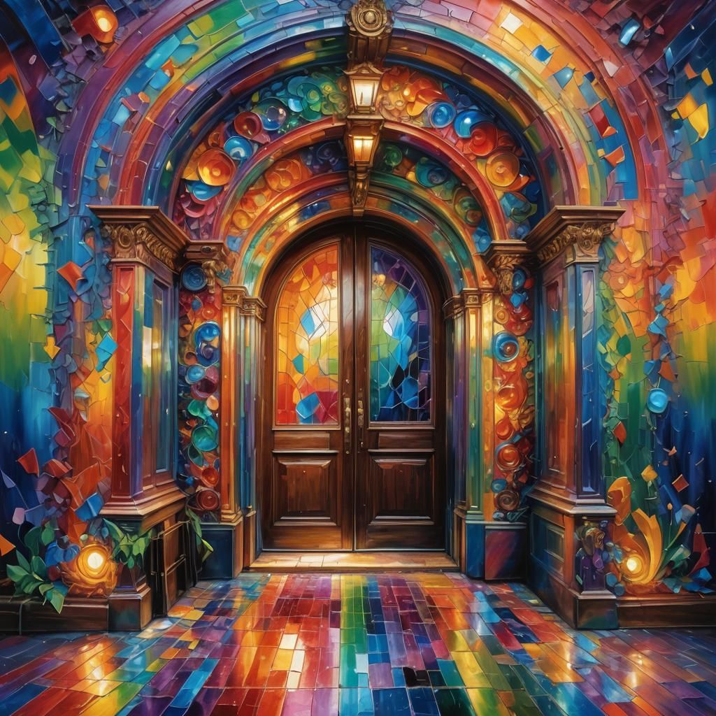 Rainbow Doorway in Vibrant Oil Painting Style