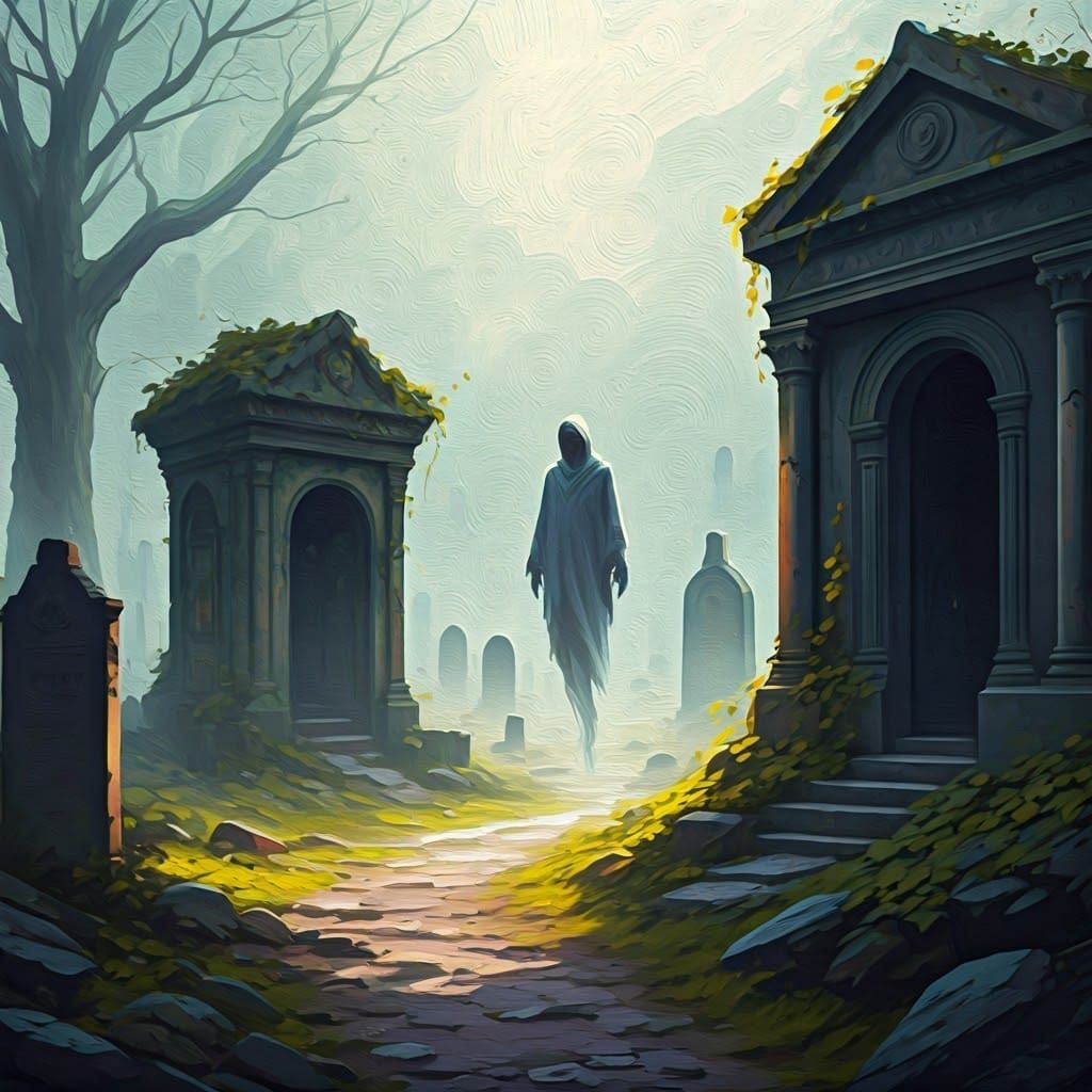 Ethereal Spirits Rise from the Misty Graveyard in a Maximali...