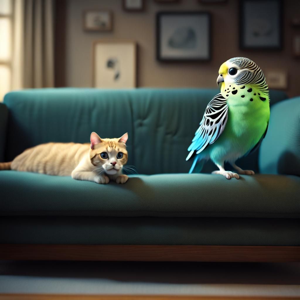 Cat Watches Budgie: Haunting, Detailed 3D Photograph