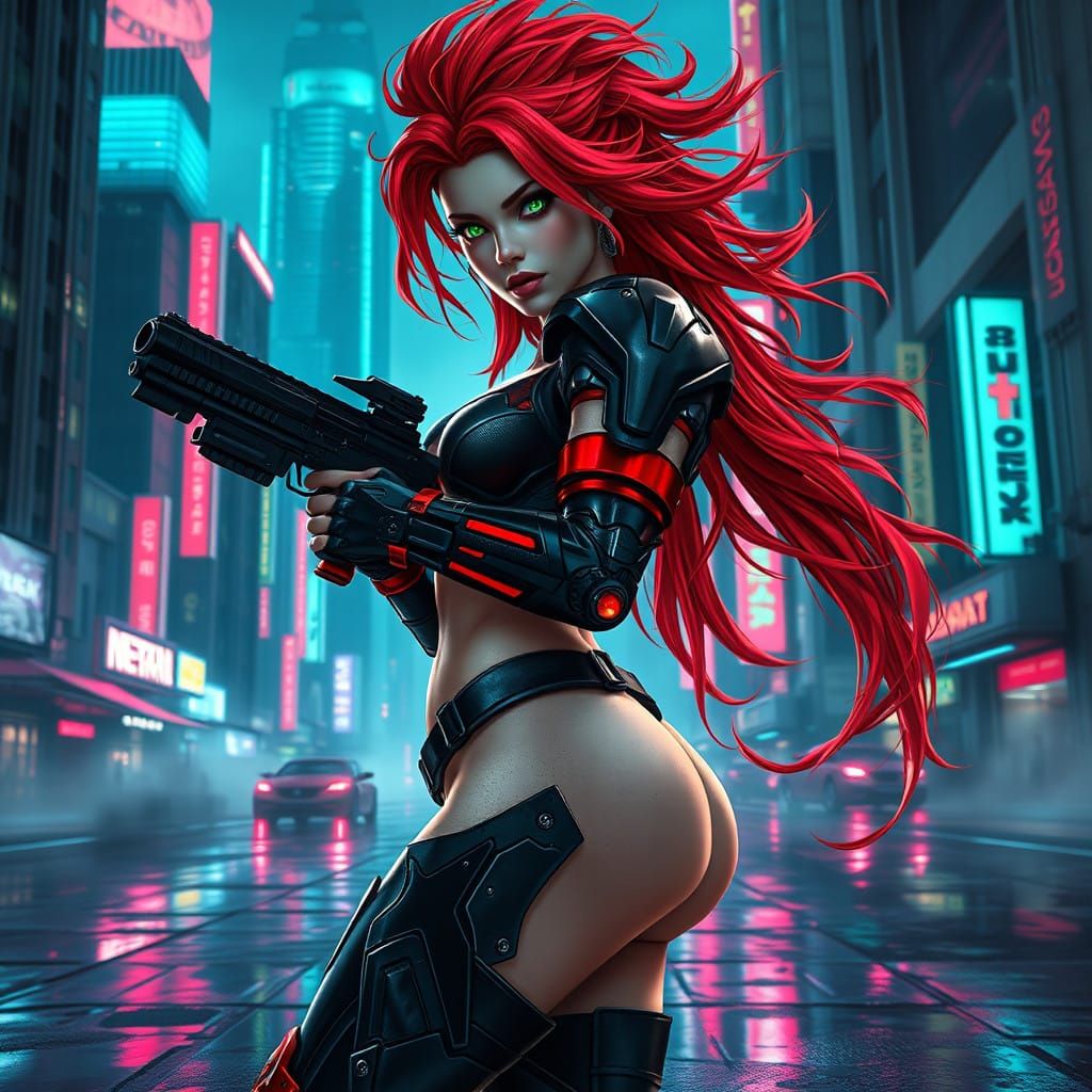 Cyberpunk Warrior Gynoid in Neon Dystopia