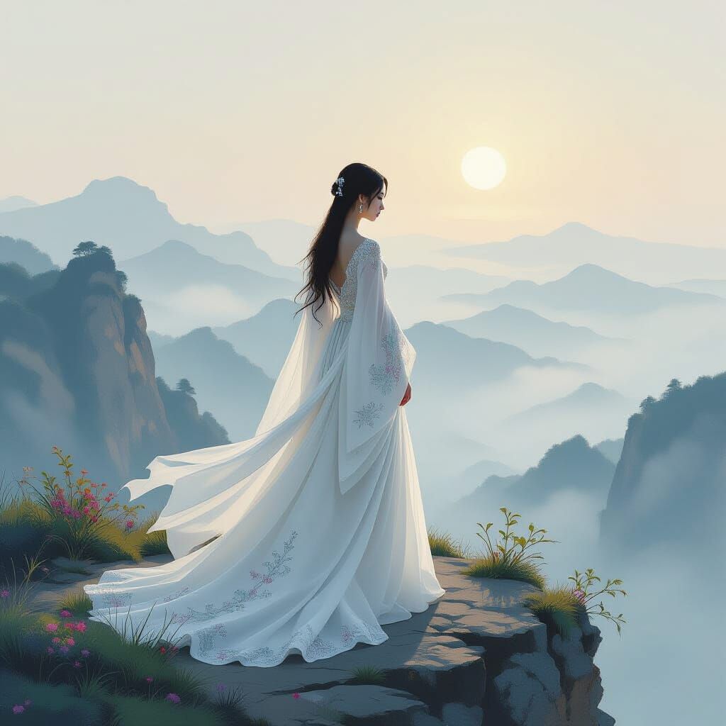 Ethereal Korean Woman on Windswept Cliff Overlooking Misty L...