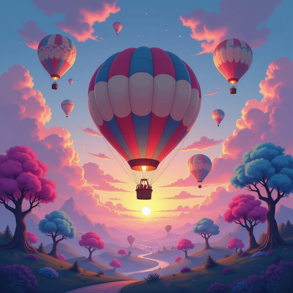 Sentient Hot Air Balloons in Surreal Landscape