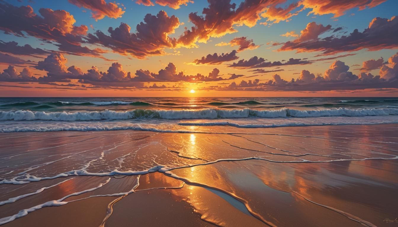 Hyperrealistic Sunset Beach in Golden Hour