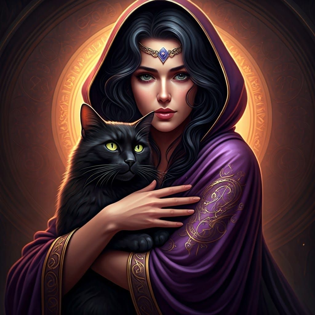 Brunette Witch Hugging Black Cat in Art Nouveau Style