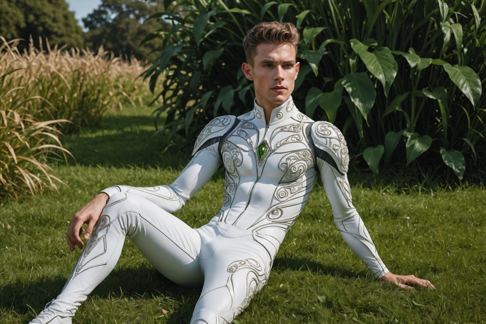 Glamorous Elf with Futuristic Jewelry on Surreal Grass