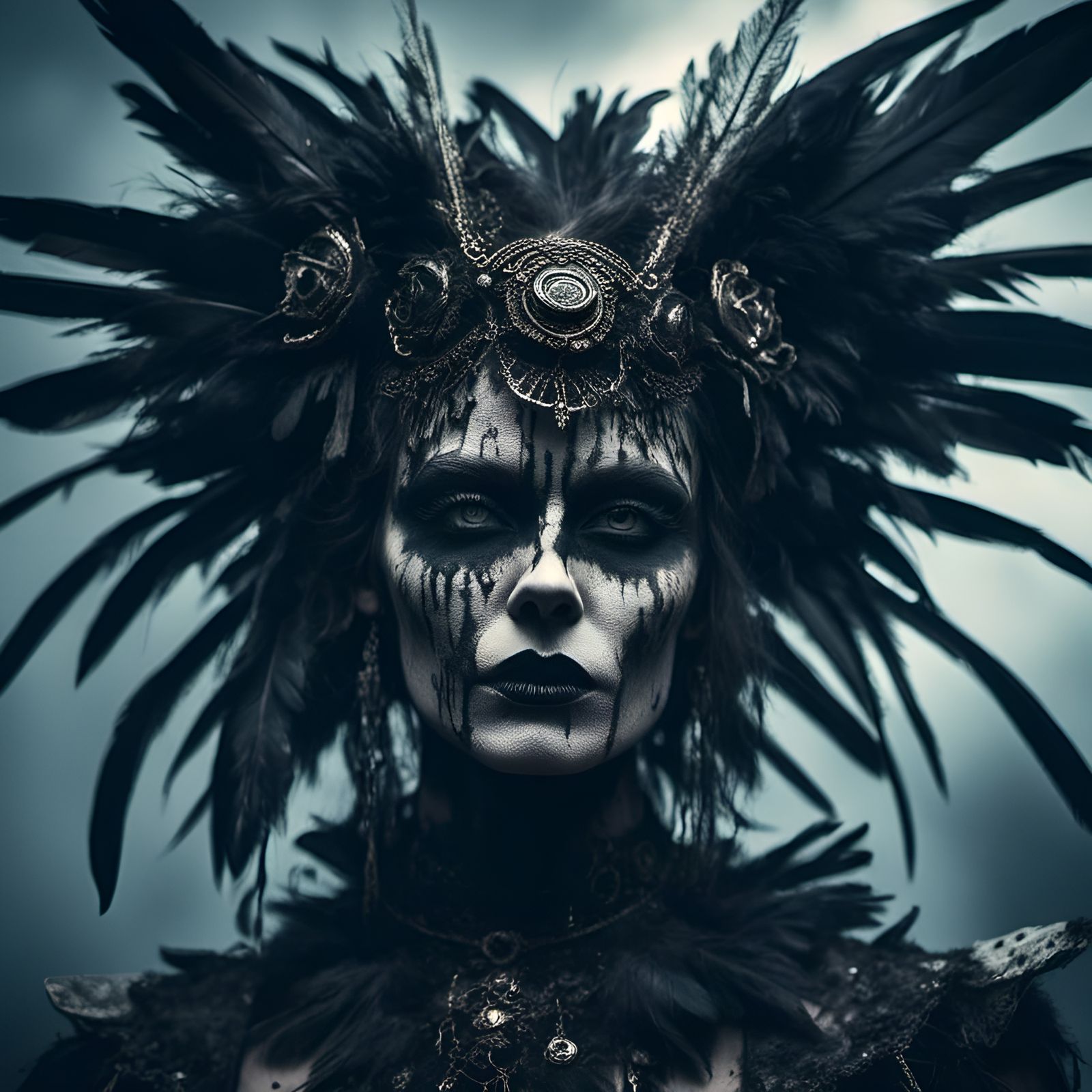 Mysterious Woman with Black Feathers Portrait