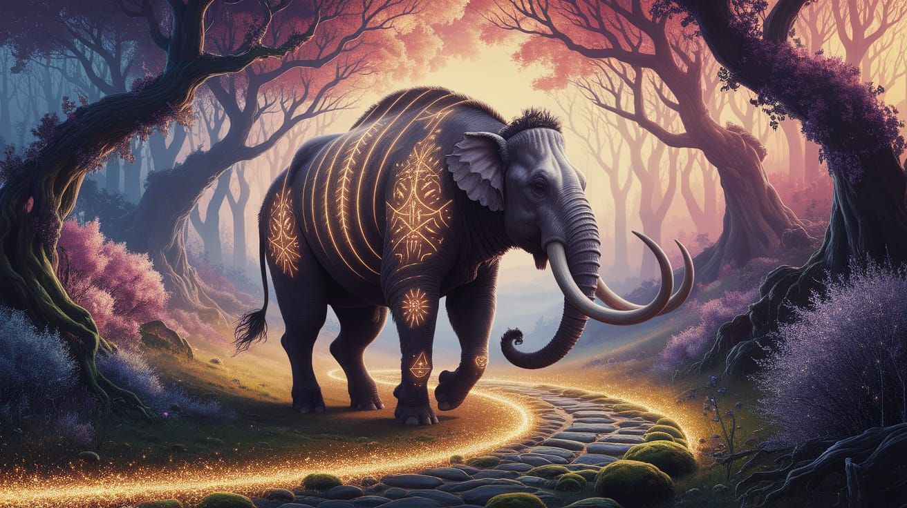 Mastodon with Runes in Enchanted Forest Digital Painting