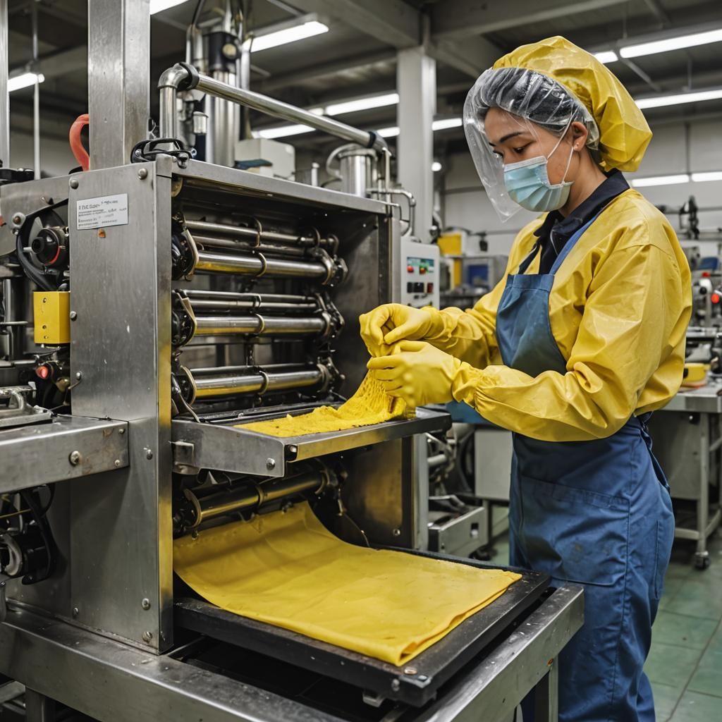 Factory Worker Cleaning Rubberglove Production Machine