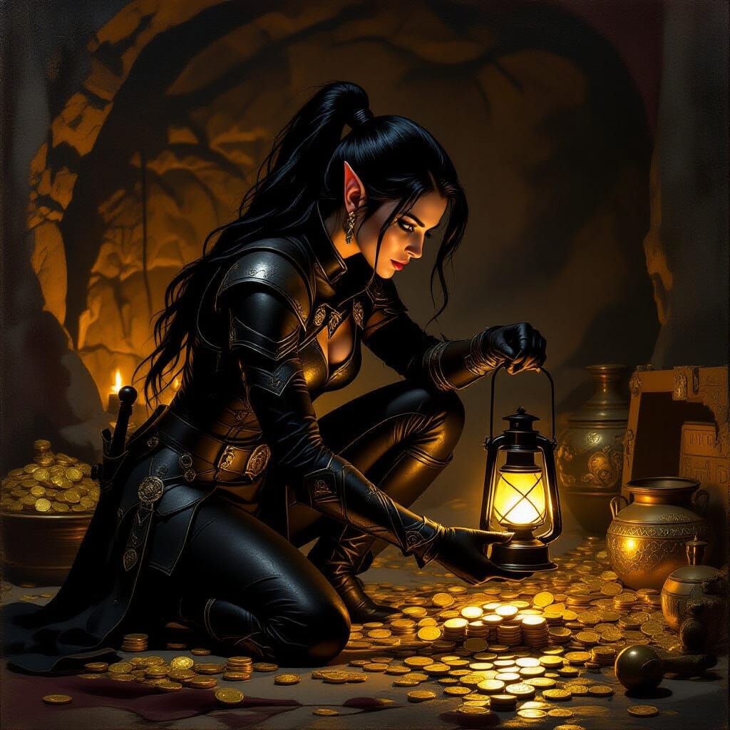 Renaissance Elf Rogue Explores Treasure Room in Chiaroscuro ...