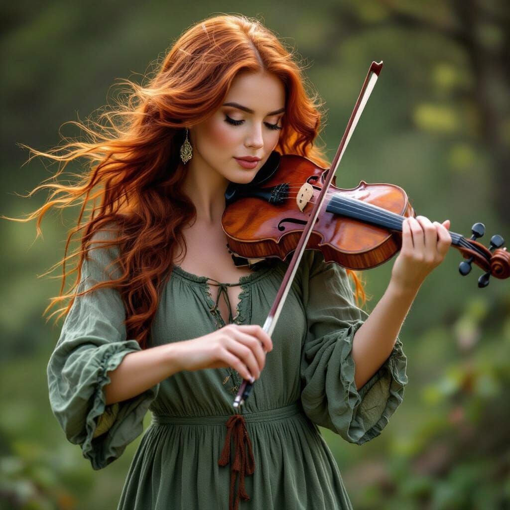 Woman with Flowing Red Hair Playing Violin