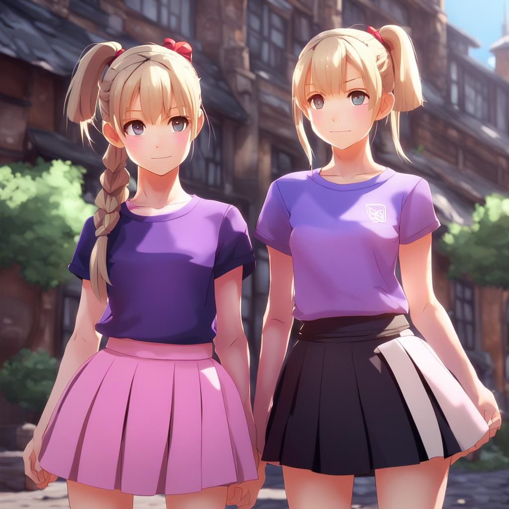 Anime Girls in Red and Purple Outfits