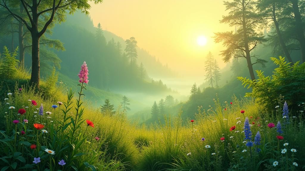 Sunrise Over Lush Green Valleys with Wildflowers