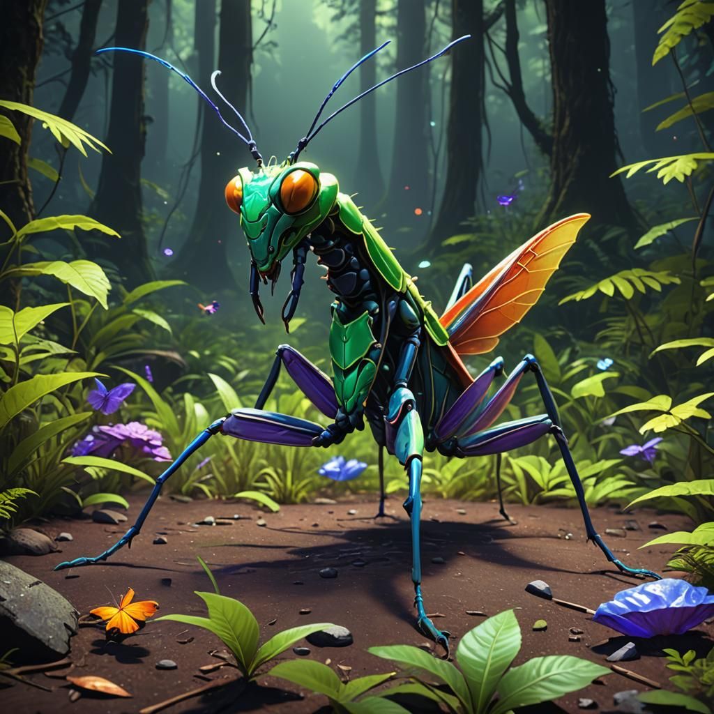 Bioluminescent Mantis-Grasshopper Chimera in a Forest