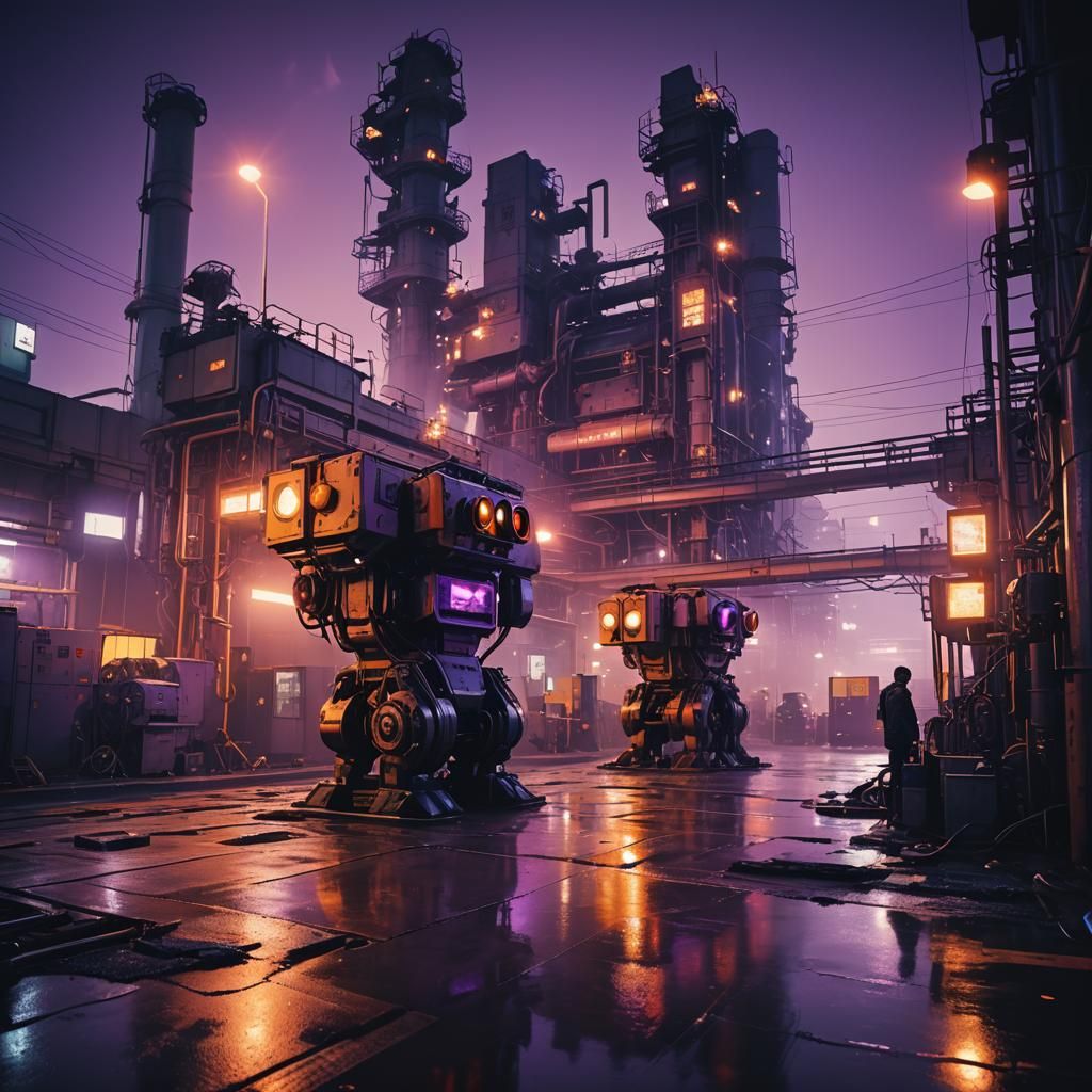 Cyberpunk Factories at Dusk with Robotic Machinery