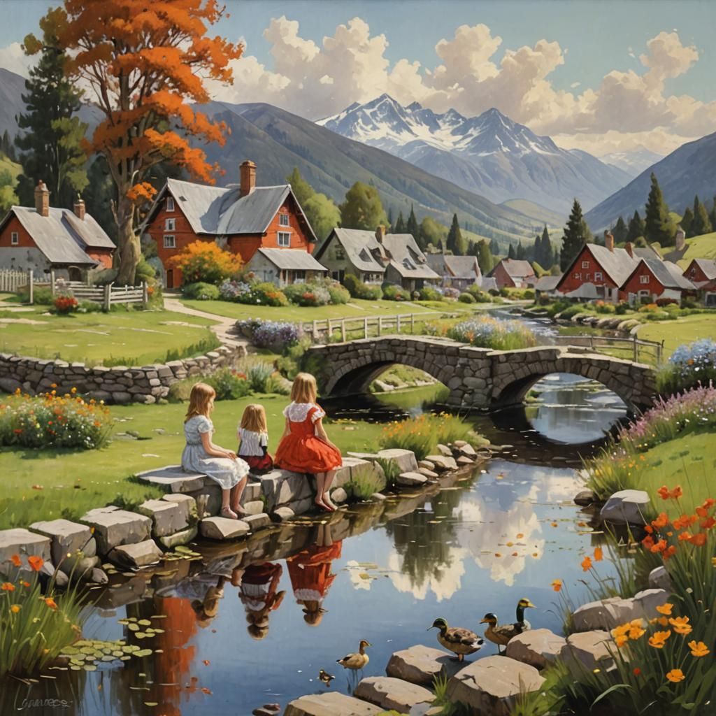 Riverside Summer Reflection: Idyllic Oil Painting